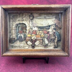 VINTAGE ANTON PIECK PAPER 3D ART WALL HANGING "FRUIT MARKET STORE FRONT" FRAME